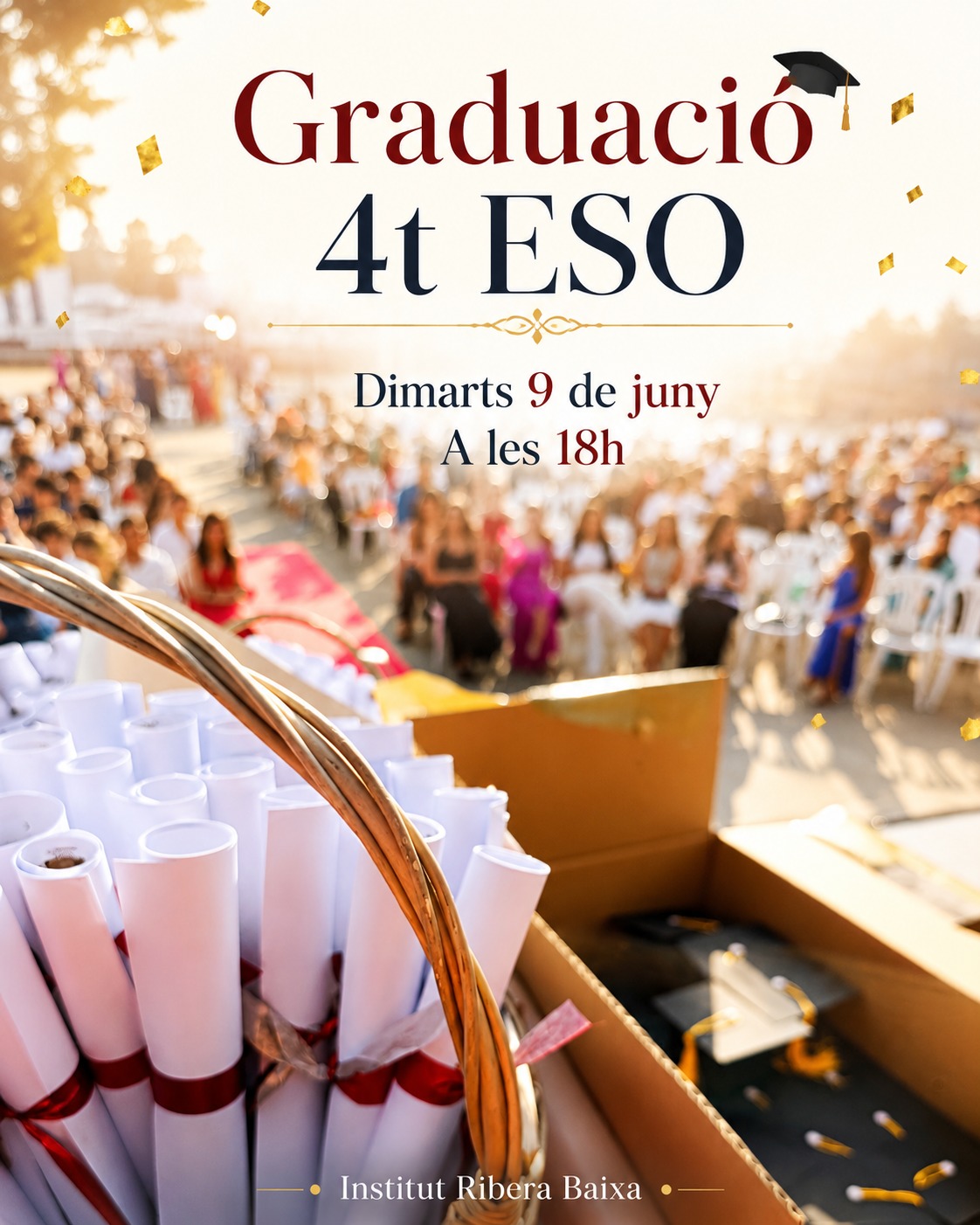 🎓 ＧＲＡＤＵＡＣＩÓ ４ｔ Ｄ’ＥＳＯ

📅 𝐃𝐈𝐌𝐀𝐑𝐓𝐒 𝟗 𝐃𝐄 𝐉𝐔𝐍𝐘 · 𝟏𝟖𝐡

Un moment molt especial:
𝐞𝐥𝐬 𝐯𝐨𝐬𝐭𝐫𝐞𝐬 𝐟𝐢𝐥𝐥𝐬 𝐞𝐬 𝐠𝐫𝐚𝐝𝐮𝐞𝐧

La comissió de festes de l’AMPA, juntament amb pares voluntaris, alumnes, professorat i direcció, han preparat la graduació amb molta il·lusió.

𝐔𝐬 𝐡𝐢 𝐞𝐬𝐩𝐞𝐫𝐞𝐦!!

Després de l’acte de graduació hi haurà un petit pica-pica per compartir una estona, fer fotos i gaudir plegats.

Us agrairem la vostra ajuda per mantenir els espais de l’institut en bon estat i col·laborar en tot allò que calgui, perquè tothom pugui gaudir de la tarda.

🚨𝐈𝐌𝐏𝐎𝐑𝐓𝐀𝐍𝐓

➡️ Porteu 𝐚𝐢𝐠𝐮𝐚 𝐟𝐫𝐞𝐬𝐪𝐮𝐞𝐭𝐚 𝐢 𝐯𝐞𝐧𝐭𝐚𝐥𝐥, per si fa molta calor com cada any.

➡️ Recordeu contestar l’enquesta de les fotografies a Clickedu.
