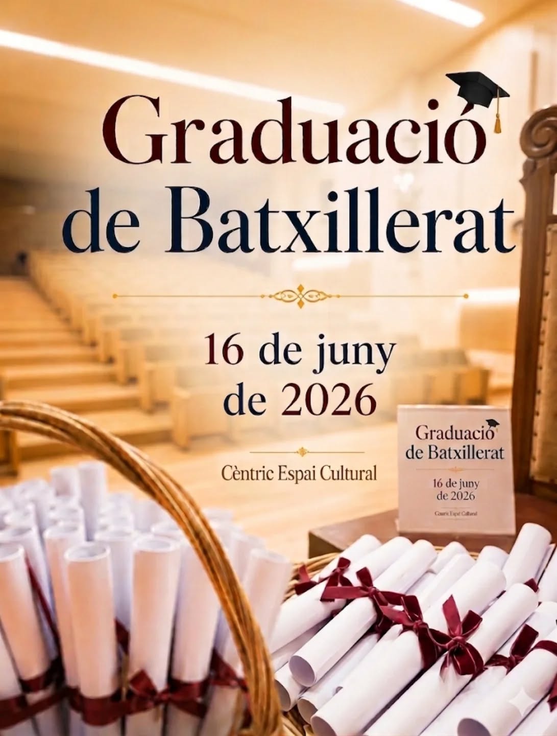 Dimarts 16 de juny a les 17 h tindrà lloc la Graduació de Batxillerat de l’Institut Ribera Baixa.

Serà un moment molt especial per compartir amb l’alumnat, les famílies i el professorat, i per reconèixer tot el camí fet durant aquesta etapa.

📍 Cèntric Espai Cultural
🎓 Graduació de Batxillerat
📅 Dimarts 16 de juny
🕔 17 h

@ins.ribera.baixa