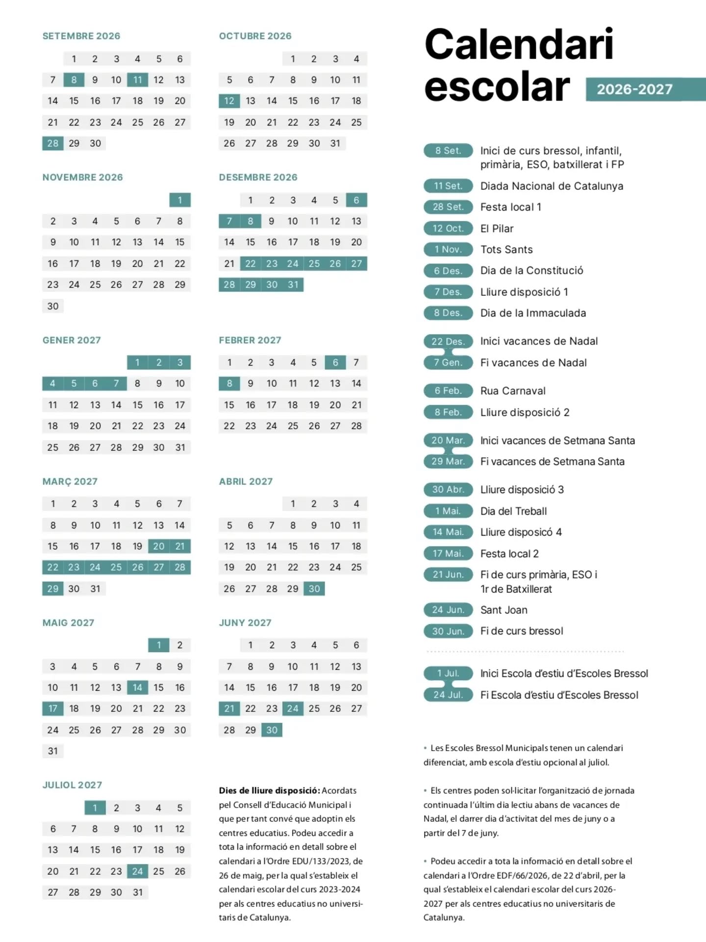 C A L E N D A R I  E S C O L A R  curs 2026-2027
