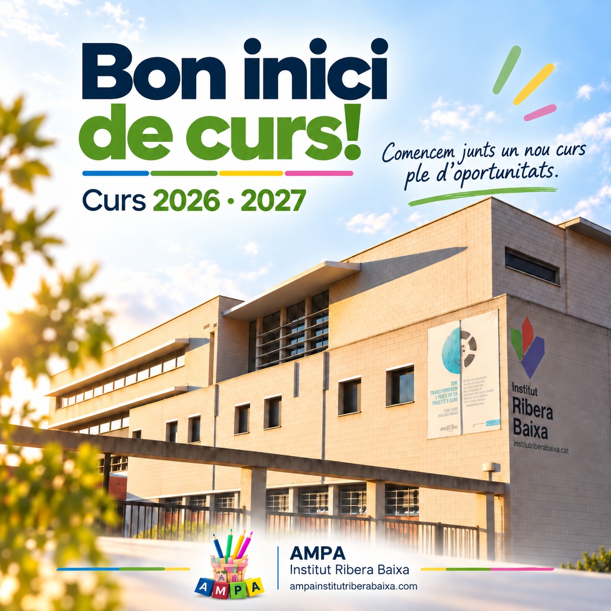 𝐁𝐨𝐧 𝐢𝐧𝐢𝐜𝐢 𝐝𝐞 𝐜𝐮𝐫𝐬 𝟐𝟎𝟐𝟔-𝟐𝟎𝟐𝟕!

Des de l'AMPA de l'Institut Ribera Baixa us desitgem un molt bon inici de curs.

Una benvinguda especial a les noves famílies que s'incorporen aquest any al nostre institut.

𝐄𝐧𝐜𝐞𝐭𝐞𝐦 𝐮𝐧 𝐧𝐨𝐮 𝐜𝐮𝐫𝐬 𝐩𝐥𝐞 𝐝𝐞 𝐫𝐞𝐩𝐭𝐞𝐬, 𝐚𝐩𝐫𝐞𝐧𝐞𝐧𝐭𝐚𝐭𝐠𝐞𝐬 𝐢 𝐧𝐨𝐯𝐞𝐬 𝐨𝐩𝐨𝐫𝐭𝐮𝐧𝐢𝐭𝐚𝐭𝐬. 💙

#IniciDeCurs #InstitutRiberaBaixa #AMPA #Famílies #Curs20262027