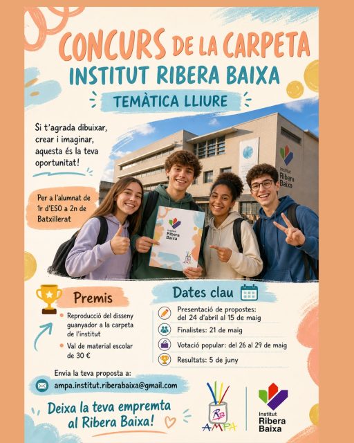 🎨 𝐂𝐎𝐍𝐂𝐔𝐑𝐒 𝐃𝐄 𝐋𝐀 𝐂𝐀𝐑𝐏𝐄𝐓𝐀 𝐃𝐄 𝐋’𝐈𝐍𝐒𝐓𝐈𝐓𝐔𝐓 𝐑𝐈𝐁𝐄𝐑𝐀 𝐁𝐀𝐈𝐗𝐀 📁
𝐋’𝐀𝐌𝐏𝐀, 𝐥’𝐈𝐧𝐬𝐭𝐢𝐭𝐮𝐭 𝐑𝐢𝐛𝐞𝐫𝐚 𝐁𝐚𝐢𝐱𝐚 𝐢 𝐞𝐥 𝐃𝐞𝐩𝐚𝐫𝐭𝐚𝐦𝐞𝐧𝐭 𝐝’𝐄𝐱𝐩𝐫𝐞𝐬𝐬𝐢ó 𝐏𝐥à𝐬𝐭𝐢𝐜𝐚 organitzen el concurs per dissenyar 𝐥𝐚 𝐜𝐚𝐫𝐩𝐞𝐭𝐚 𝐝𝐞𝐥 𝐜𝐞𝐧𝐭𝐫𝐞 𝐝𝐞𝐥 𝐜𝐮𝐫𝐬 𝟐𝟎𝟐𝟔–𝟐𝟎𝟐𝟕.

Tot l’alumnat està convidat a participar de manera voluntària.

Si t’agrada 𝐝𝐢𝐛𝐮𝐢𝐱𝐚𝐫, 𝐜𝐫𝐞𝐚𝐫, 𝐢𝐦𝐚𝐠𝐢𝐧𝐚𝐫 𝐨 𝐝𝐢𝐬𝐬𝐞𝐧𝐲𝐚𝐫, aquesta és la teva oportunitat 𝐩𝐞𝐫 𝐝𝐞𝐢𝐱𝐚𝐫 𝐥𝐚 𝐭𝐞𝐯𝐚 𝐞𝐦𝐩𝐫𝐞𝐦𝐭𝐚 𝐚 𝐥’𝐢𝐧𝐬𝐭𝐢𝐭𝐮𝐭.

🖌️ 𝐂𝐨𝐧𝐝𝐢𝐜𝐢𝐨𝐧𝐬 𝐝𝐞𝐥 𝐜𝐨𝐧𝐜𝐮𝐫𝐬

▪️ Temàtica lliure
▪️ Obert a l’alumnat de 1r d’ESO a 2n de Batxillerat
▪️ El disseny pot ser individual o col·lectiu
▪️ Les propostes s’han de presentar en format A3
▪️ El disseny ha de reservar un espai per incorporar-hi el logo de l’Institut Ribera Baixa, el nom del centre i el logo de l’AMPA

🏆 𝐏𝐫𝐞𝐦𝐢𝐬

▪️ Reproducció del disseny guanyador a la carpeta del curs 2026–2027
▪️ Val de material escolar de 30 €

📅 𝐃𝐚𝐭𝐞𝐬 𝐜𝐥𝐚𝐮

▪️ Presentació de propostes: fins el 𝟏𝟓 𝐝𝐞 𝐦𝐚𝐢𝐠
▪️ Publicació de finalistes: 21 de maig
▪️ Votació popular: del 26 al 29 de maig
▪️ Publicació de resultats: 5 de juny

📩 Envia la teva proposta a:

𝐚𝐦𝐩𝐚.𝐢𝐧𝐬𝐭𝐢𝐭𝐮𝐭.𝐫𝐢𝐛𝐞𝐫𝐚𝐛𝐚𝐢𝐱𝐚@𝐠𝐦𝐚𝐢𝐥.𝐜𝐨𝐦

Per a qualsevol dubte, us podeu adreçar al Departament d’Expressió Plàstica.

💙 𝐀𝐧𝐢𝐦𝐞𝐮-𝐯𝐨𝐬 𝐚 𝐩𝐚𝐫𝐭𝐢𝐜𝐢𝐩𝐚𝐫

#InstitutRiberaBaixa #AMPA #DepartamentDePlastica #ConcursCarpeta #RiberaBaixa #Creativitat #Alumnat #Disseny #Educació